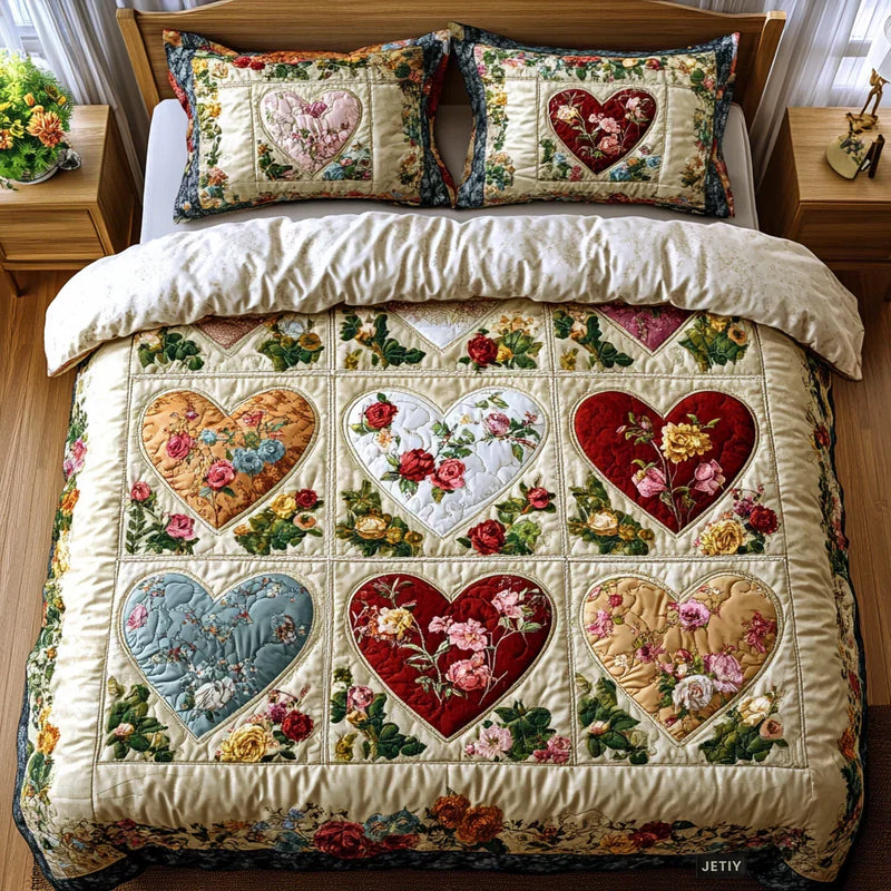 3-Piece Quilted Bedspread Set - Loving Hearts