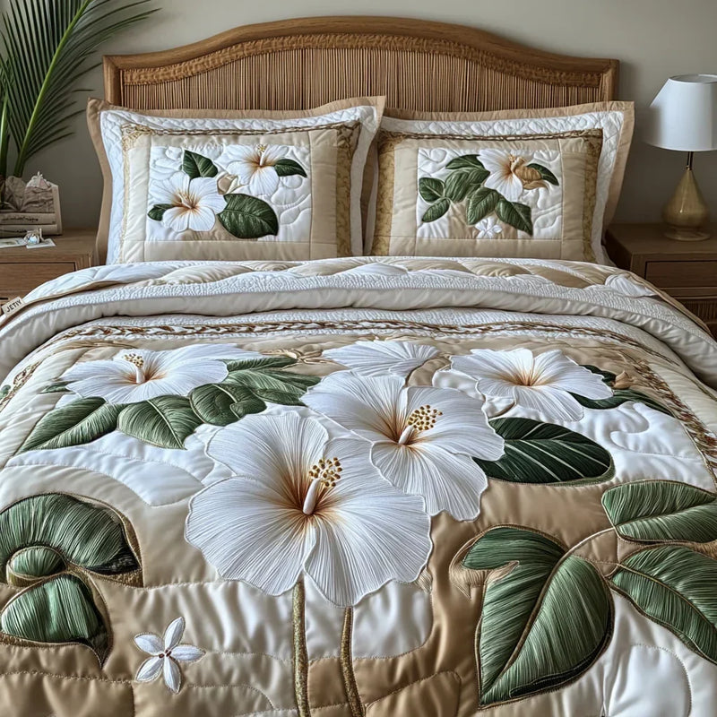3-piece Quilted Bed Set - White Hibiscus